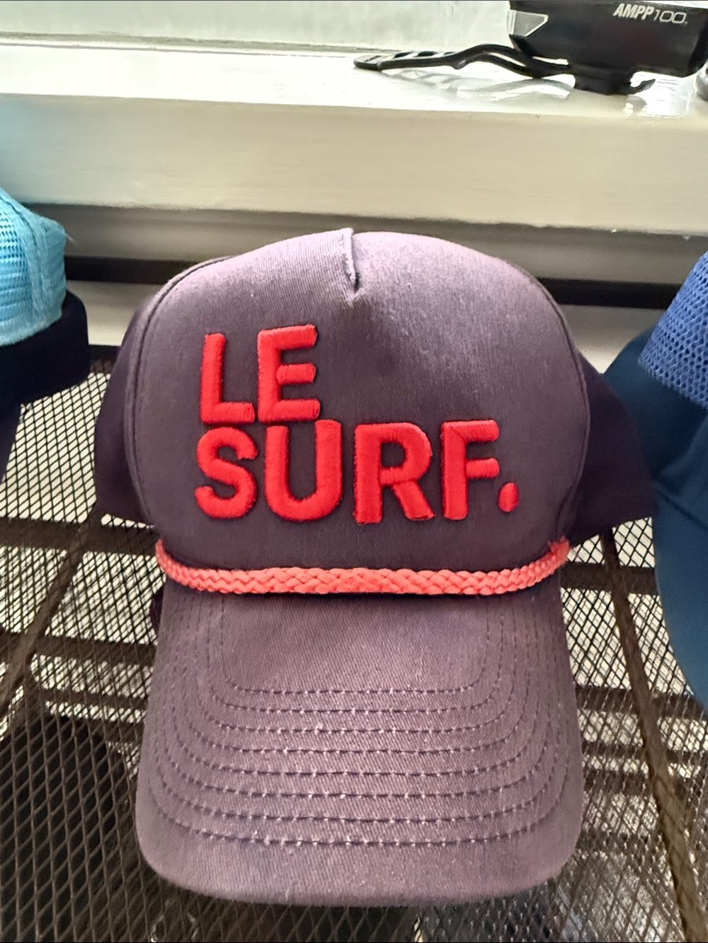 Blue Trucker Hat with Red Embroidery